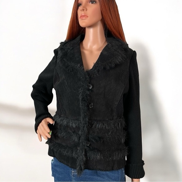 Neutral Zone Black Suede Leather & Faux Fur Trim Button Down Jacket Size M New - Picture 1 of 17